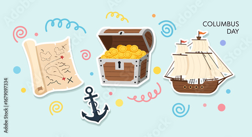 Whimsical Columbus Day Illustration with Treasure Map, Chest, and Sailing Ship