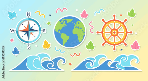 Graphical elements for a nautical adventure showcasing the globe and navigation