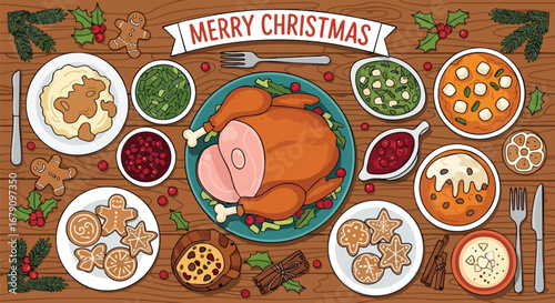 Festive christmas table spread with delicious traditional dishes and holiday treats cartoon illustration for a merry celebration