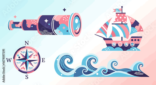 Whimsical nautical illustration featuring a ship, spyglass, compass, and waves