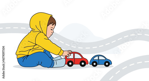 Young Child Playing With Toy Cars On A Playful Road Background