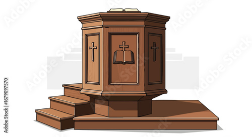 Illustration of a wooden church podium adorned with symbolic crosses and an open book, representing faith and religious expression