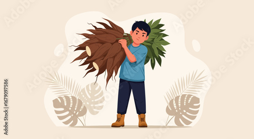 Young Peasant Carries Cassava Harvest From Field With Tropical Background Illustration