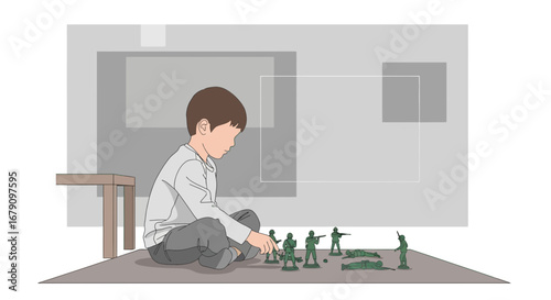 Young Child Plays With Toy Soldiers, Engrossed In Imaginative Scenario