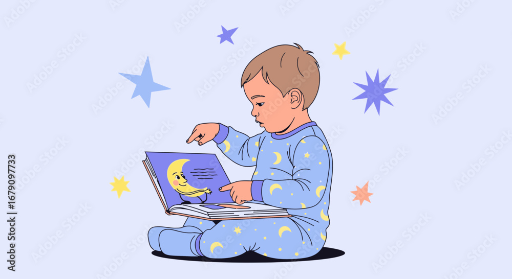 Fototapeta premium Young Child Reads a Bedtime Story Under a Sky Full of Stars for Relaxation