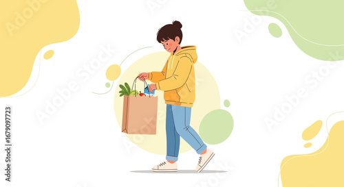 Young Person Carrying Groceries Shopping Bag With a Smile on Stylish Background