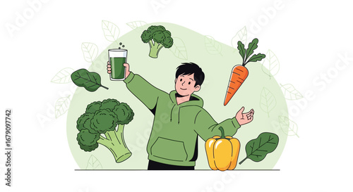 Young Person Celebrating Healthy Diet With Fruits, Vegetables, And The Green Power Juice Blend