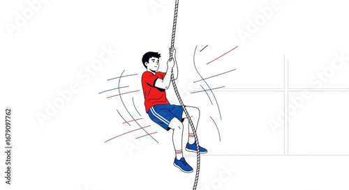 Young Person Climbing a Textured Rope with a Determined Expression Upward