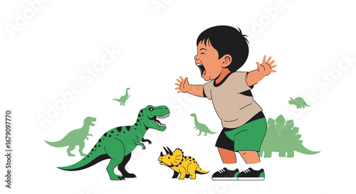 Young Child Screaming With Excitement While Reaching Towards Dinosaurs Cartoon