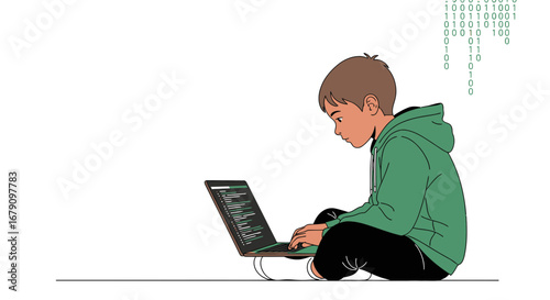 Young Person Coding On A Laptop Computer While Working On Binary Code