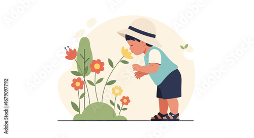 Young Child Smelling Flowers in a Garden, Enjoying a Beautiful, Fragrant Day