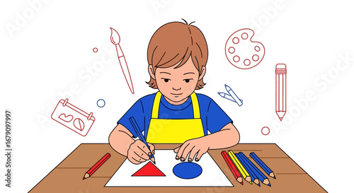 Young Creative Mind: Child Drawing Geometric Shapes in Artistic Endeavor