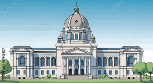 Illustrated rendition capturing the architectural majesty and grand design of a capitol building with symmetrical features and serene backdrop
