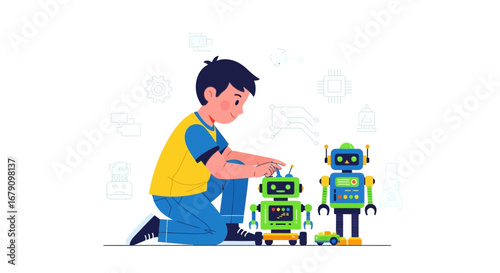 Young Engineer Assembling Robots In a Digital World Full Of Technological Innovation