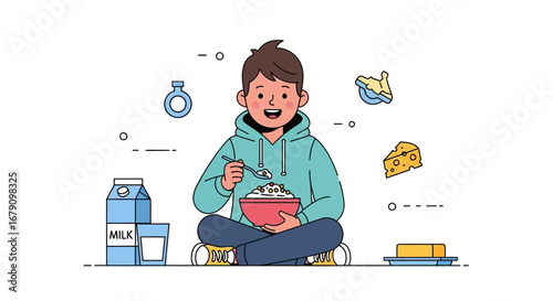 Young Person Enjoying Breakfast: Cereal, Milk, Cheese, and Butter, Healthy Meal Concept