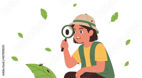 Young explorer child looking at insects with magnifying glass, nature study