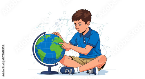 Young Explorer: Boy Studying Globe Envisioning Global Voyage and Geographical Discovery