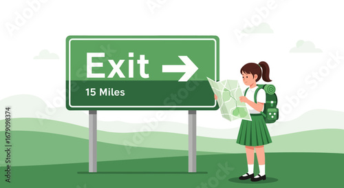 Young Explorer Consults Map Near Highway Sign, Ready To Navigate Adventure