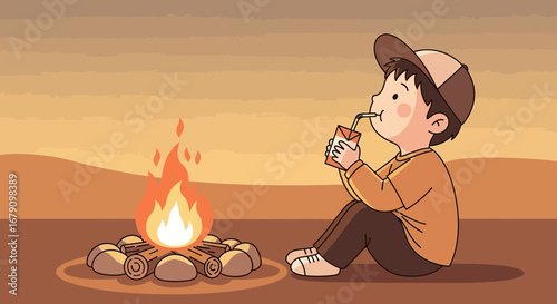 Young Person Enjoying Drink By Campfire Under Orange Sky With Cap and Animated Style