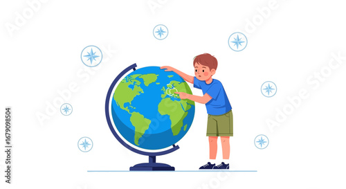 Young Explorer Focusing On Globe, Discovering Destinations And World Geography's Mysteries