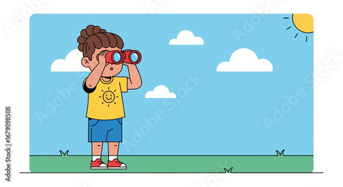 Young Explorer Gazing Through Binoculars Under Summer Skies and Sunny Day