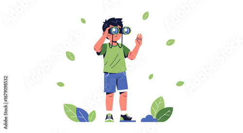 Young Explorer Gazing Through Binoculars, Observing the Natural World With Curiosity