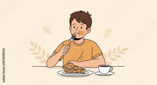 Young Person Enjoying Pie and Coffee, Relaxing in a Casual Setting, Sweet Treat