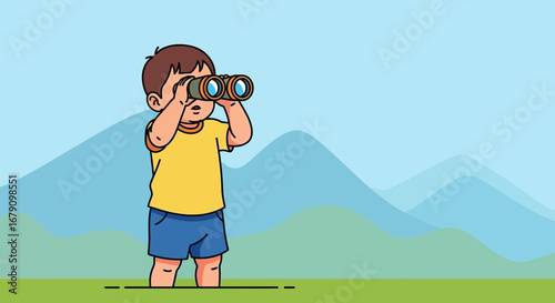 Young Explorer Gazing Adventure Into Distant Nature With Binoculars For Exploration