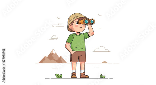 Young Explorer Observes Mountains Through Binoculars, Adventure and Discovery Concept