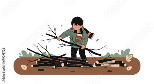 Young Person Gathering Firewood in Autumnal Setting With Leaves and Cozy Clothing Scene