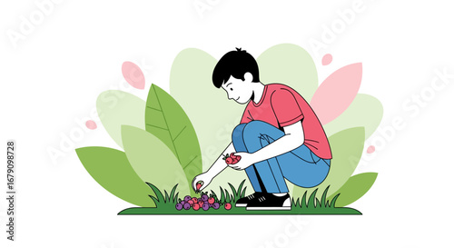Young Person Gathering Berries In Garden At Dusk Enjoying Summer Harvesting Experience