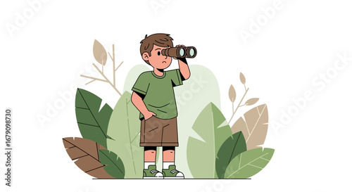 Young Explorer Observes Using Binoculars While Amidst Lush Green Foliage
