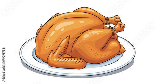 Stylized illustration of a golden roasted chicken on a white plate, perfect for culinary-themed projects and celebratory feasts showcasing delicious