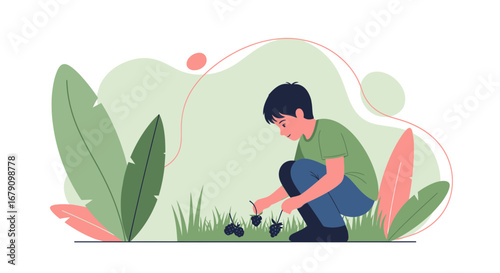 Young Person Gathering Wild Berries Among Lush Greenery for a Delicious Snack
