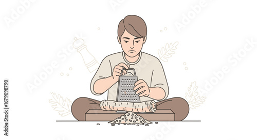 Young Person Grating Root Vegetable With Focus And Determination In Illustration