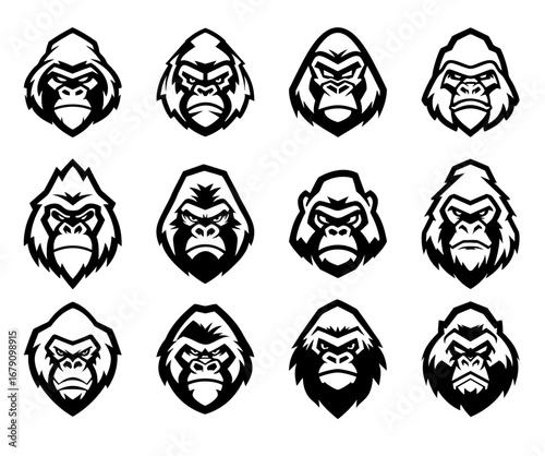 Stylized gorilla head illustrations in various expressions