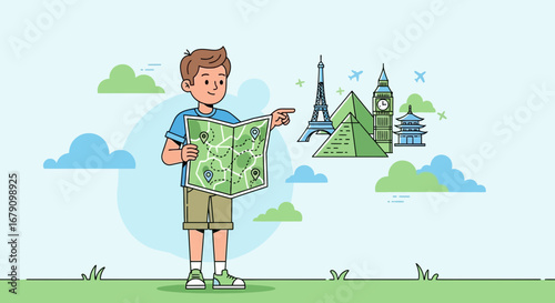Young Explorer Reviews Destinations on a Map, Planning Travel Adventures Around the World