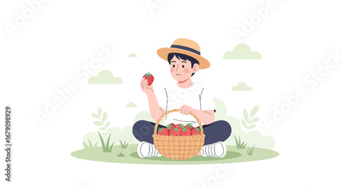 Young Person Harvesting Strawberries: Enjoying Freshly Picked Fruit and a Relaxing Day Outdoors