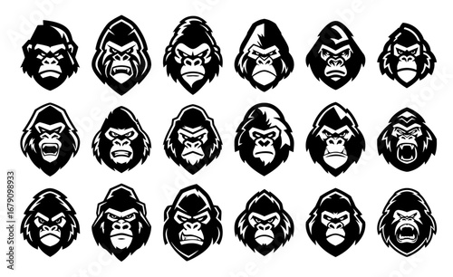 Collection of stylized gorilla head illustrations