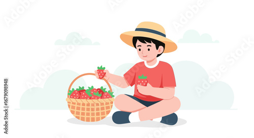 Young Person Harvesting Ripe Strawberries From Garden Into A Woven Basket With Sun Hat