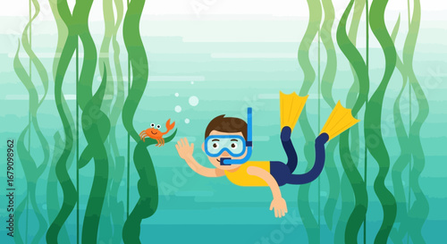 Young Explorer Snorkels Underwater, Interacting With Marine Life And Exploring Marine Environments.