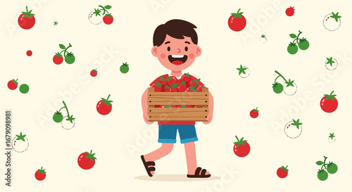 Young Person Harvesting Tomatoes From Field in Wooden Box Cartoon Illustration