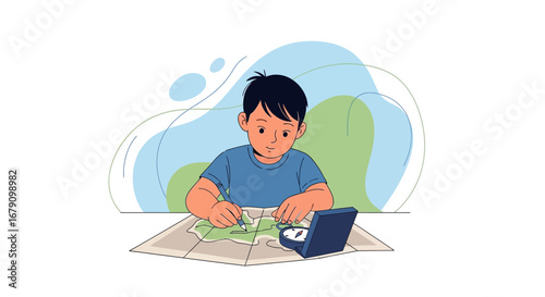 Young Explorer Studying Map Coordinates And Using A Compass To Chart A Course