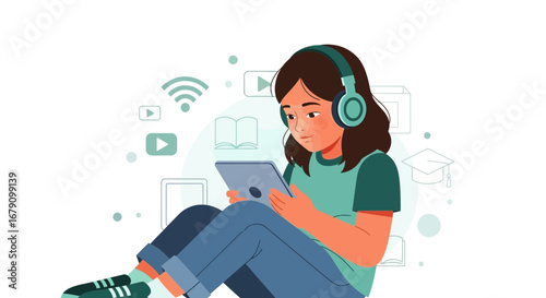 Young Person Immersed In Digital Learning And Entertainment Utilizing Modern Technology