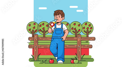 Young Farmer Sipping Refreshing Apple Juice in a Picturesque Orchard Scene