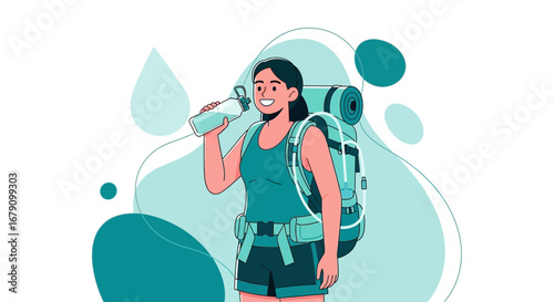 Young female hiker drinking water while taking a break from a backpacking journey