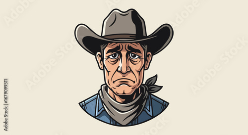 Weary Cowboy Portrait: A Cartoon Illustration of a Saddened Old Western Character with a Cowboy Hat and Bandana Indicating Disappointment and Fatigue
