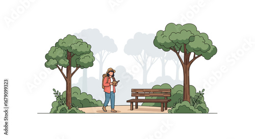 Young Female Hiker Explores Nature's Beauty and Finds Quiet Bench in Lush Green Park