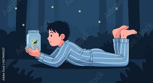 Young Person Looking At Firefly In A Jar At Night In the Forest Depicted in a Cute Illustration