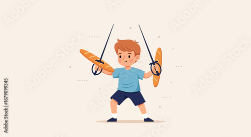 Young Fencer with Bread Swords in Playful Illustration, Captivating and Colorful